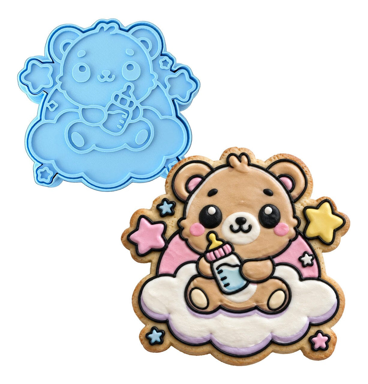 Teddy Bear Baby Bottle Clouds Cookie Cutter | Stamp | Stencil - SHARP EDGES - FAST Shipping - Choose Your Own Size! #1 Cookie Cutter Lady LITTLE - 3 Inches (7.62cm) **BUNDLE** Cutter + Stamp 