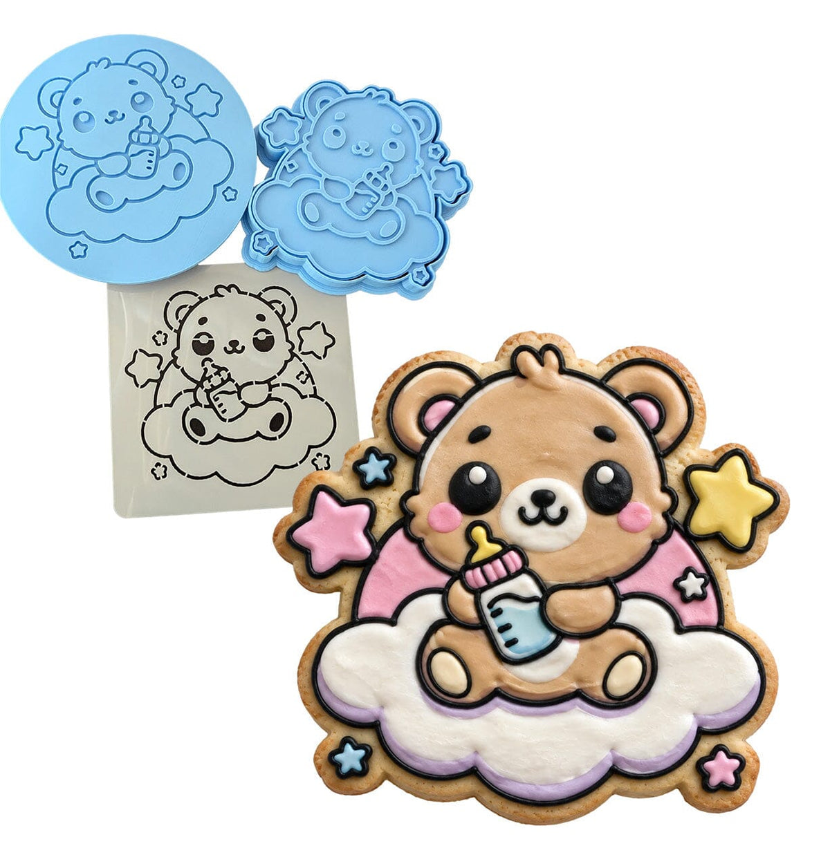 Teddy Bear Baby Bottle Clouds Cookie Cutter | Stamp | Stencil - SHARP EDGES - FAST Shipping - Choose Your Own Size! #1 Cookie Cutter Lady LITTLE - 3 Inches (7.62cm) **FULL SET BUNDLE** Cutter + Stamp + Stencil + Debosser **BEST DEAL** 