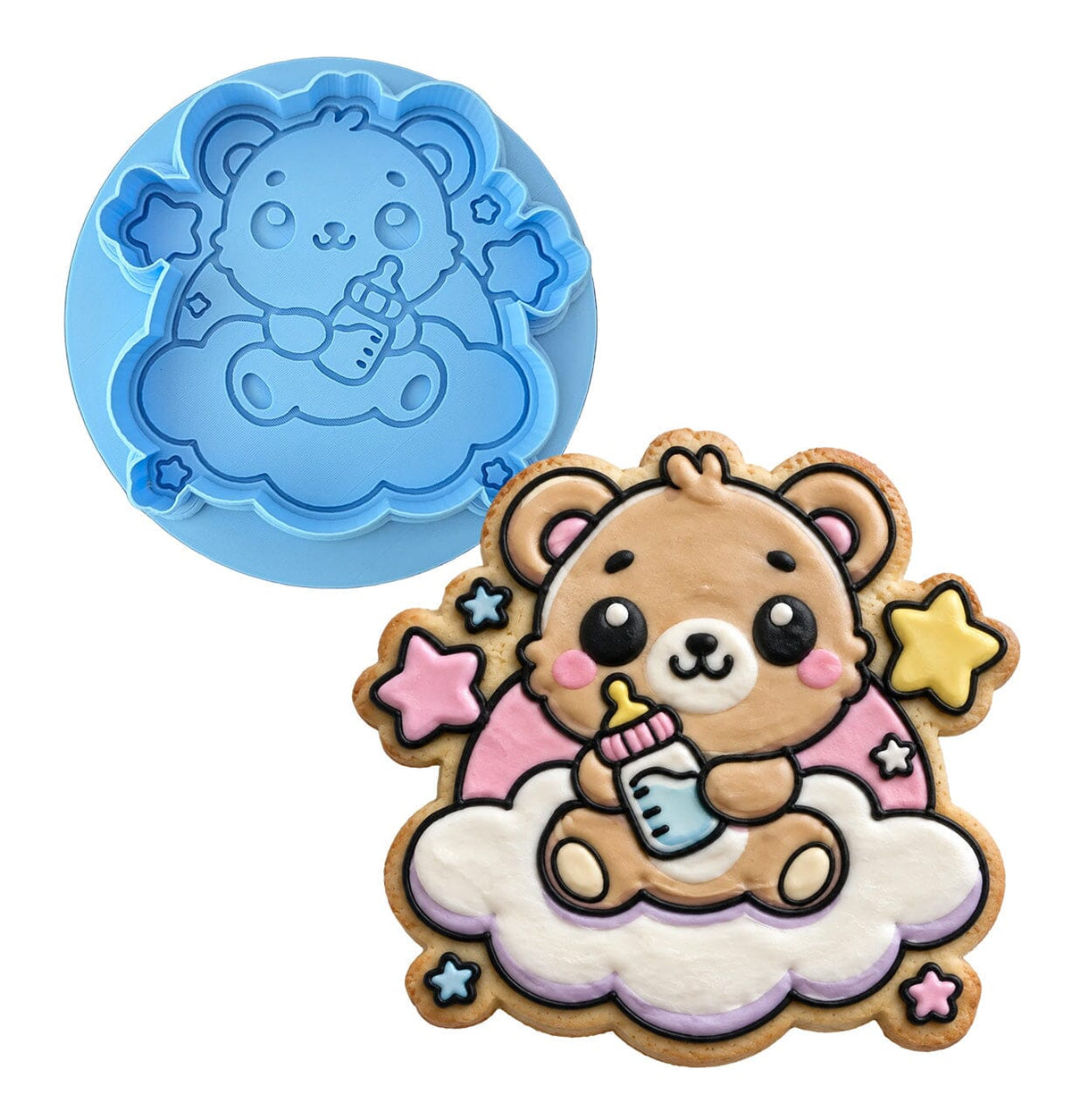 Teddy Bear Baby Bottle Clouds Cookie Cutter | Stamp | Stencil - SHARP EDGES - FAST Shipping - Choose Your Own Size! #1 Cookie Cutter Lady LITTLE - 3 Inches (7.62cm) **BUNDLE** Cutter + Debosser 