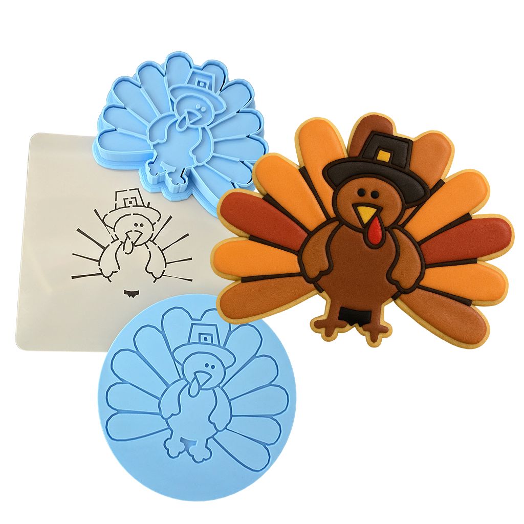 Thanksgiving Pilgrim Turkey Cookie Cutter | Stamp | Stencil #2 Halloween / Fall Cookie Cutter Lady MINI - 2 Inches (5cm) **FULL SET BUNDLE** Cutter + Stamp + Stencil + Debosser **BEST DEAL** 