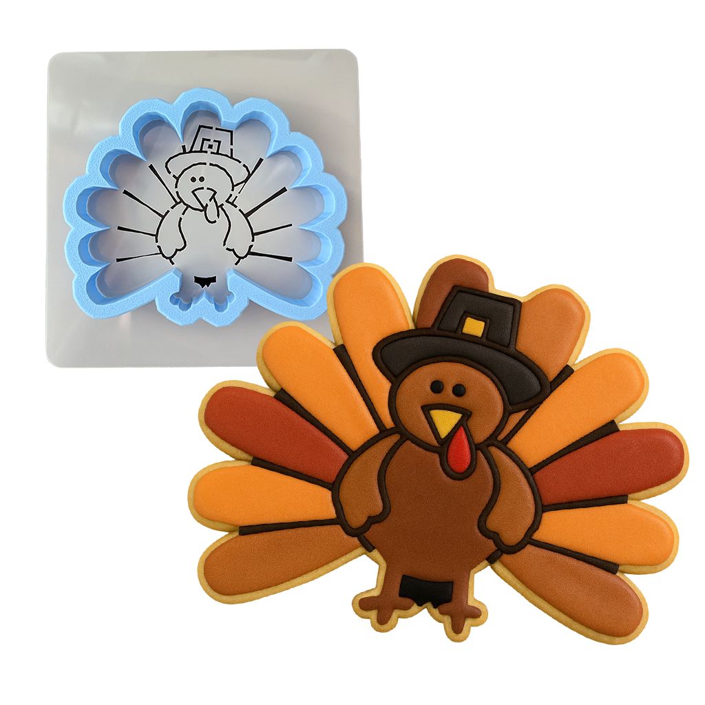 Thanksgiving Pilgrim Turkey Cookie Cutter | Stamp | Stencil #2 Halloween / Fall Cookie Cutter Lady MINI - 2 Inches (5cm) **BUNDLE** Cutter + Stencil 