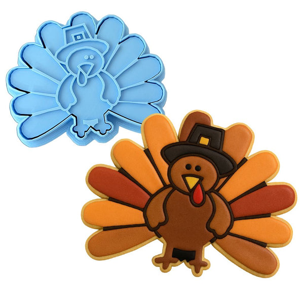 Thanksgiving Pilgrim Turkey Cookie Cutter | Stamp | Stencil #2 Halloween / Fall Cookie Cutter Lady MINI - 2 Inches (5cm) **BUNDLE** Cutter + Stamp 