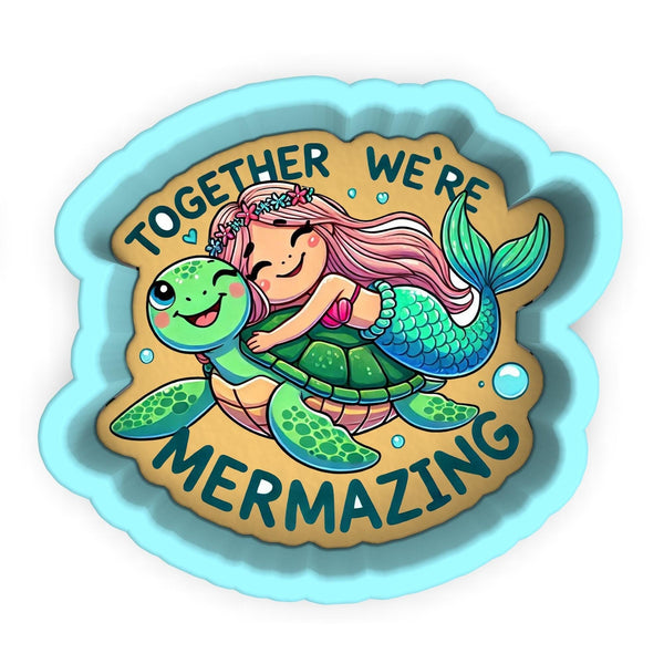 a sticker with a mermaid hugging a turtle