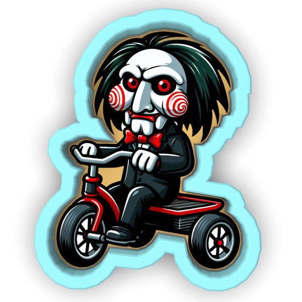 a sticker of a skeleton riding a tricycle