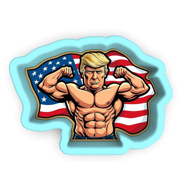 a sticker of a man flexing his muscles in front of an american flag