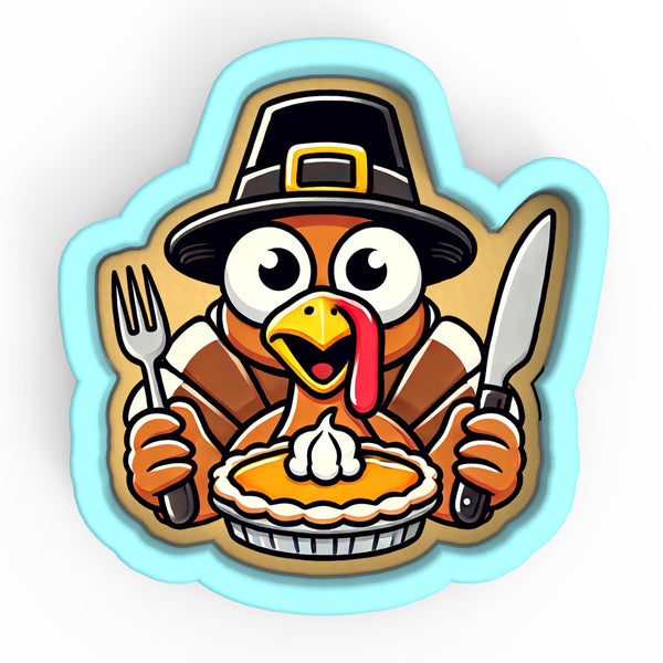 a turkey wearing a pilgrim hat holding a fork and knife