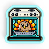 a sticker of a turkey cooking in an oven