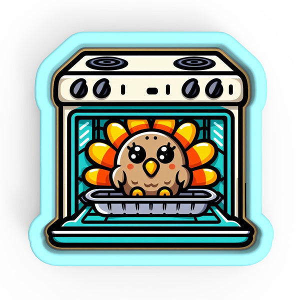 a sticker of a turkey cooking in an oven