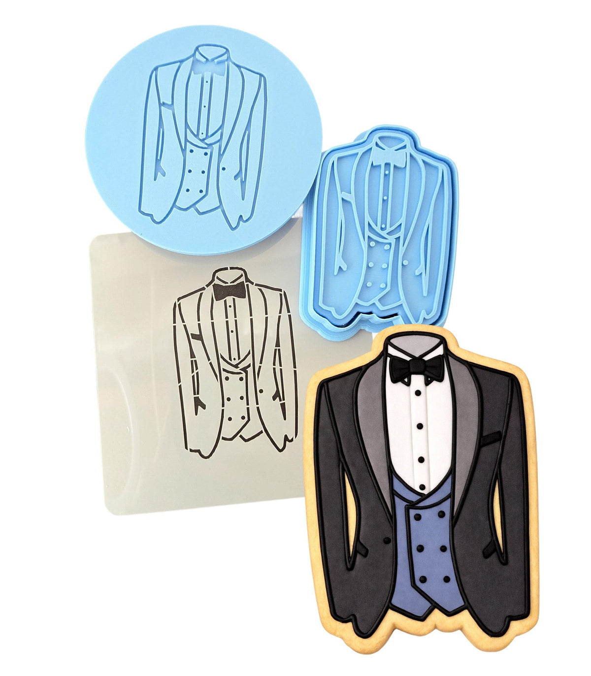 Tuxedo Cookie Cutter | Stamp | Stencil #4 Wedding / Baby / V Day Cookie Cutter Lady MINI - 2 Inches (5cm) **FULL SET BUNDLE** Cutter + Stamp + Stencil + Debosser **BEST DEAL** 