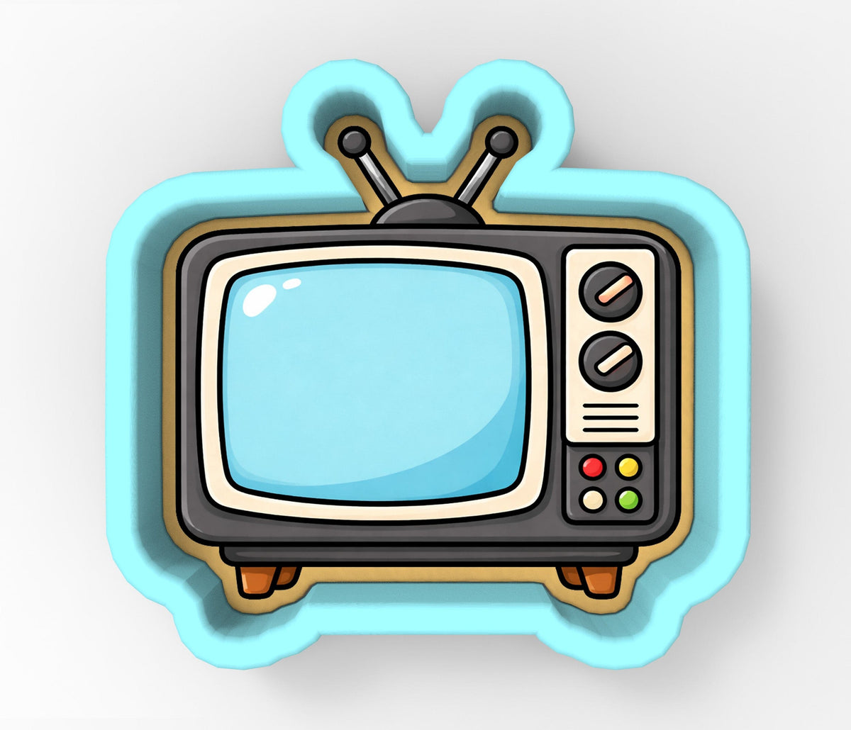 A cartoon-style television set with a blue and white color scheme, featuring a screen, antennae, and control buttons.