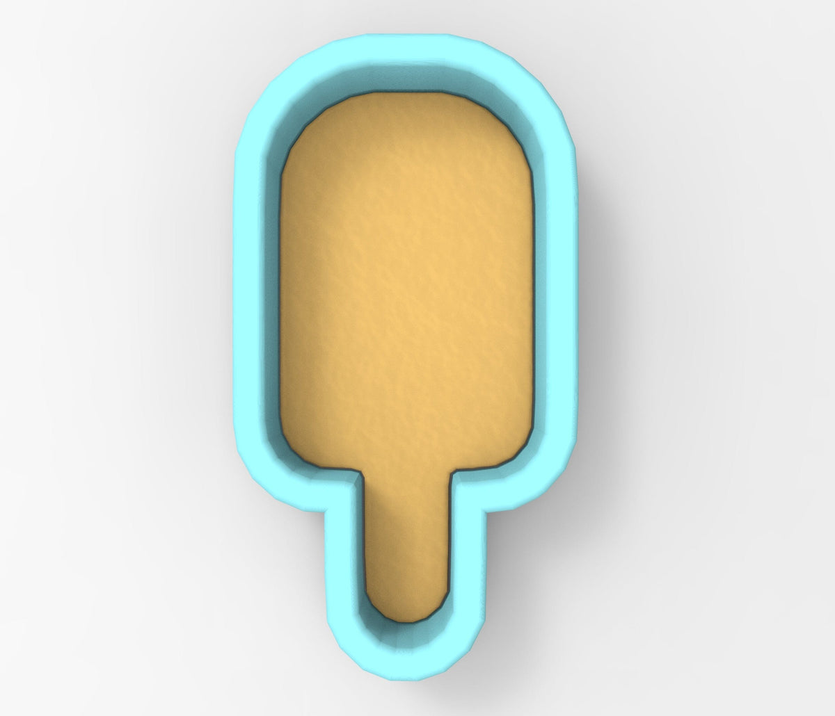 A blue-colored paddle-shaped cookie cutter with a yellow interior.