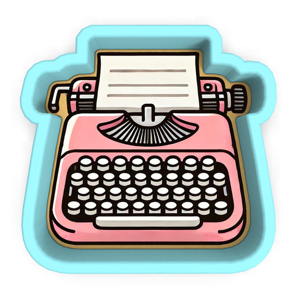 a pink typewriter with a paper on top of it