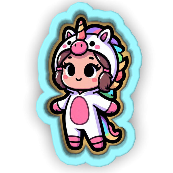 a sticker of a little girl in a unicorn costume