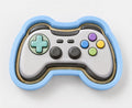 A 3D rendering of a video game controller with a blue and gray color scheme and various colored buttons.