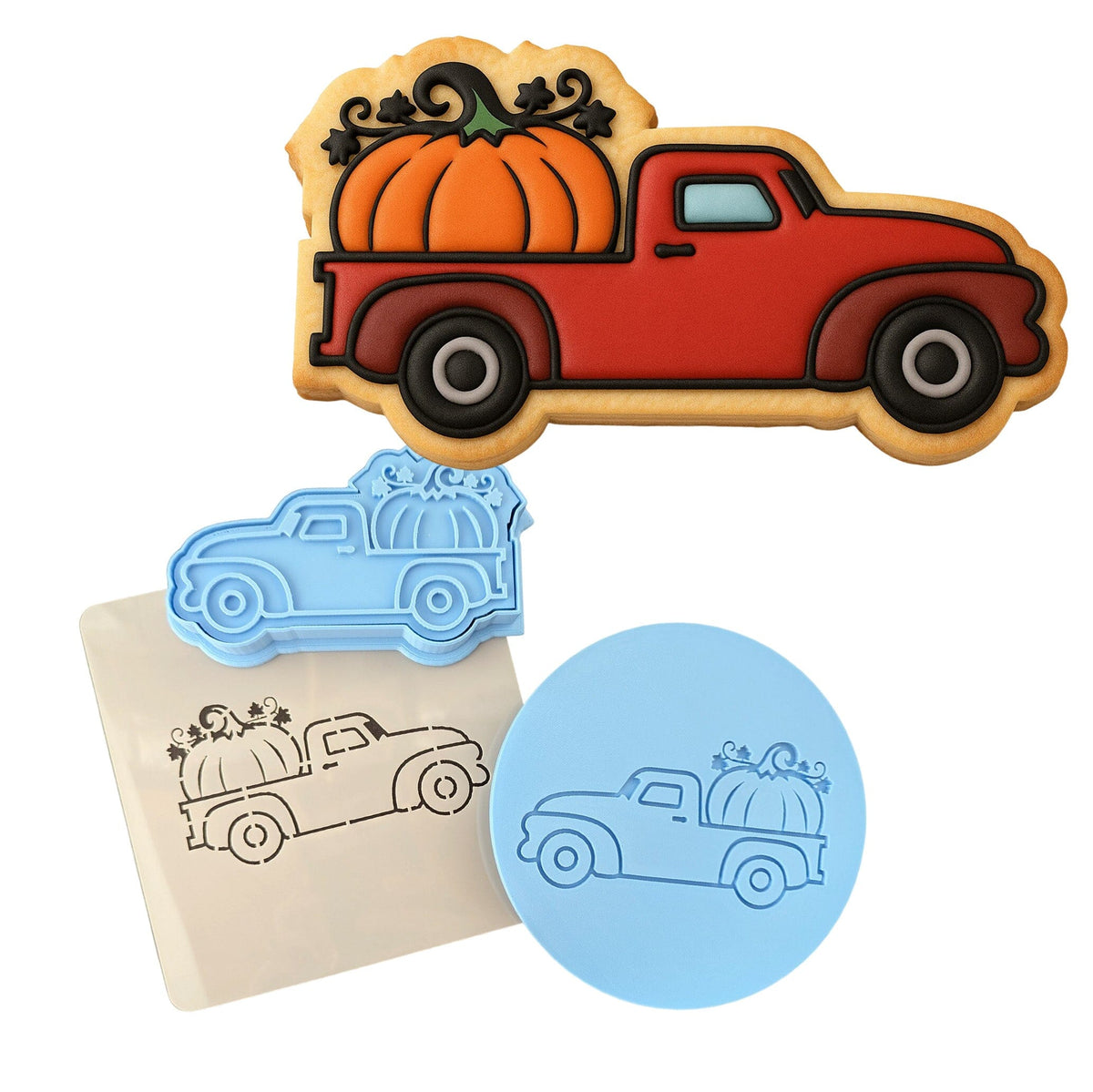Vintage Truck with Pumpkin Cookie Cutter | Stamp | Stencil #1 Halloween / Fall Cookie Cutter Lady MINI - 2 Inches (5cm) **FULL SET BUNDLE** Cutter + Stamp + Stencil + Debosser **BEST DEAL** 