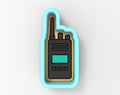 A cookie cutter in the shape of a radio or walkie-talkie device, with a black body and a green display.