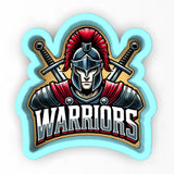 a logo of a warrior with two swords