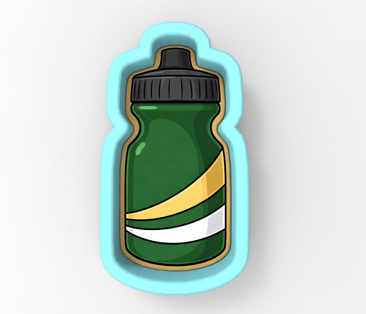 A green and yellow water bottle with a black cap.