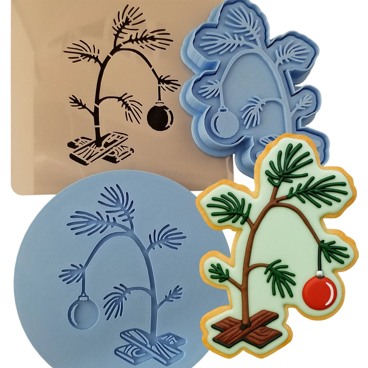 Wilting Christmas Tree Cookie Cutter | Stamp | Stencil #1 Xmas / Winter / NYE Cookie Cutter Lady MINI - 2 Inches (5cm) **FULL SET BUNDLE** Cutter + Stamp + Stencil + Debosser **BEST DEAL** 