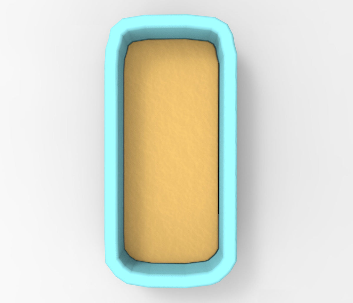 A blue rectangular baking pan with a yellow substance inside.