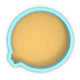 a yellow speech bubble with a light blue outline