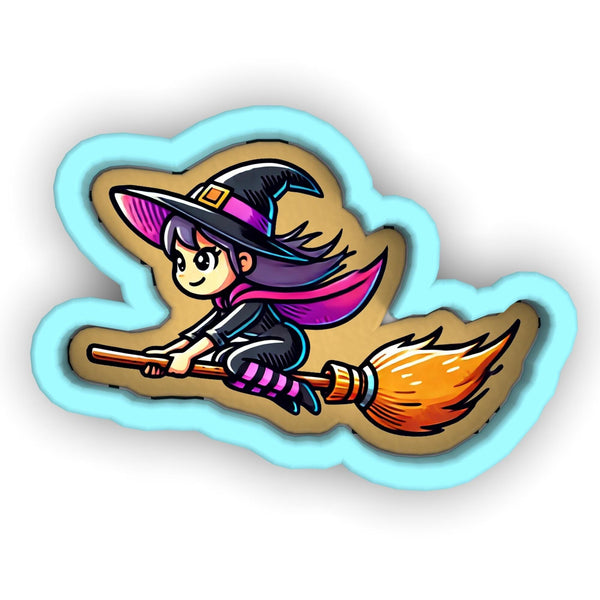 a sticker of a witch flying on a broom