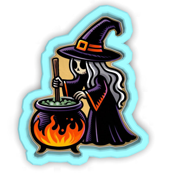 a sticker of a witch stirring a cauldster