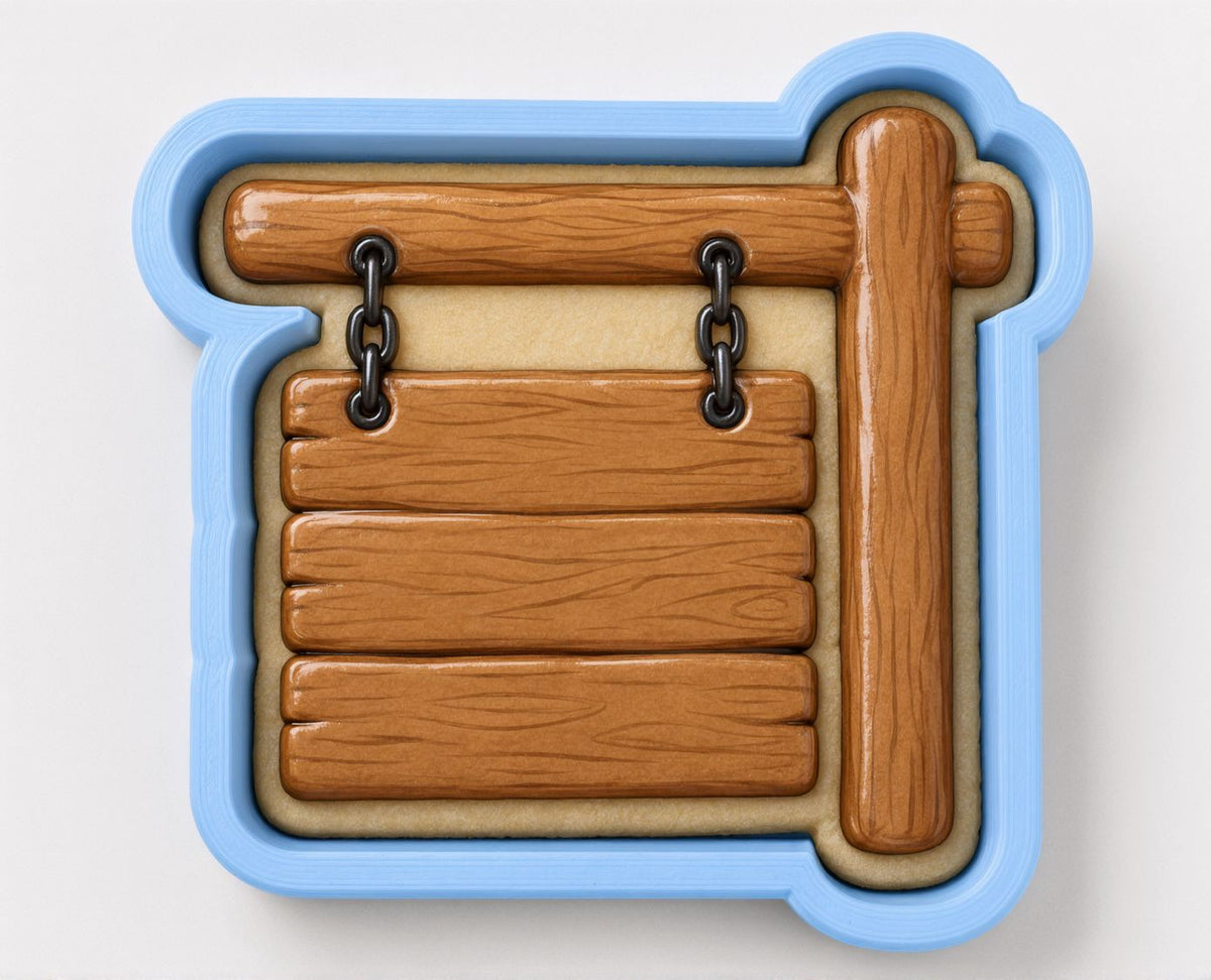 A wooden sign with a blue frame, featuring a wooden plank and a wooden pole.