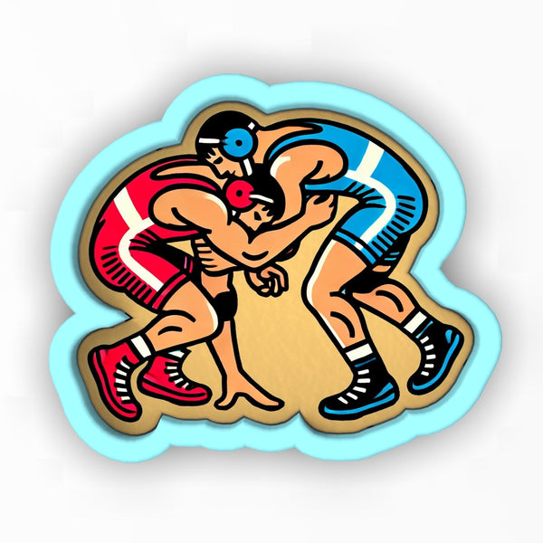 a sticker of two men wrestling each other