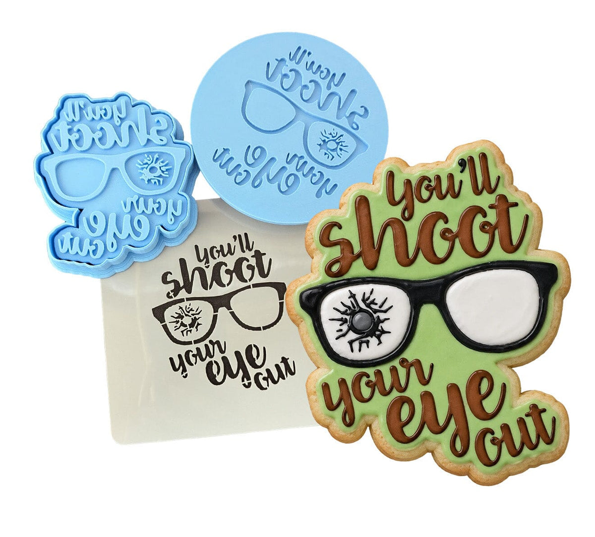 You'll Shoot Your Eye Out Cookie Cutter | Stamp | Stencil #2 Xmas / Winter / NYE Cookie Cutter Lady MINI - 2 Inches (5cm) **FULL SET BUNDLE** Cutter + Stamp + Stencil + Debosser **BEST DEAL** 