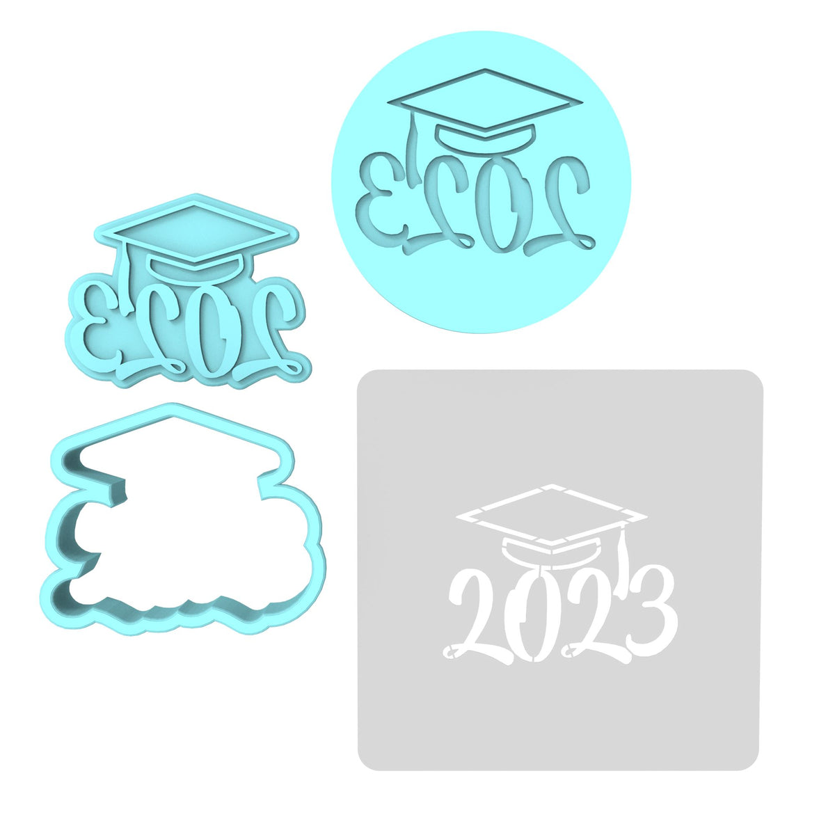 2023 Grad Cap Cookie Cutter | Stamp | Stencil #2 Wedding / Baby / V Day Cookie Cutter Lady MINI - 2 Inches (5cm) **FULL SET BUNDLE** Cutter + Stamp + Stencil + Debosser **BEST DEAL** 