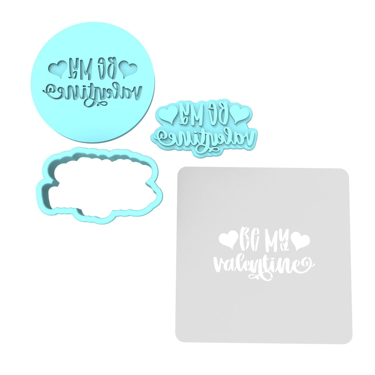 Be My Valentine Cookie Cutter | Stamp | Stencil #3 Wedding / Baby / V Day Cookie Cutter Lady MINI - 2 Inches (5cm) **FULL SET BUNDLE** Cutter + Stamp + Stencil + Debosser **BEST DEAL** 