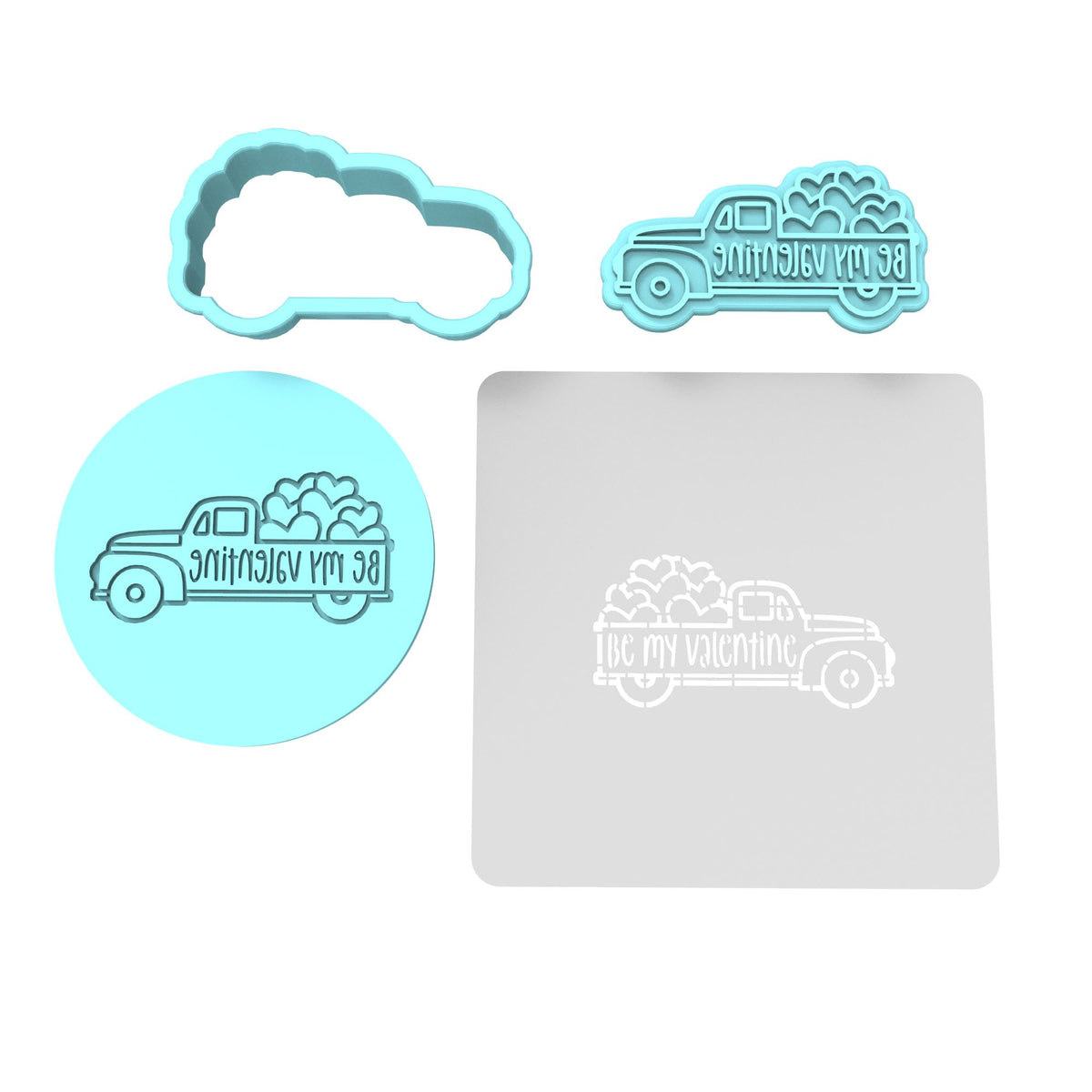 Be My Valentine Truck Cookie Cutter | Stamp | Stencil #1 Comic Book / Vehicles Cookie Cutter Lady MINI - 2 Inches (5cm) **FULL SET BUNDLE** Cutter + Stamp + Stencil + Debosser **BEST DEAL** 