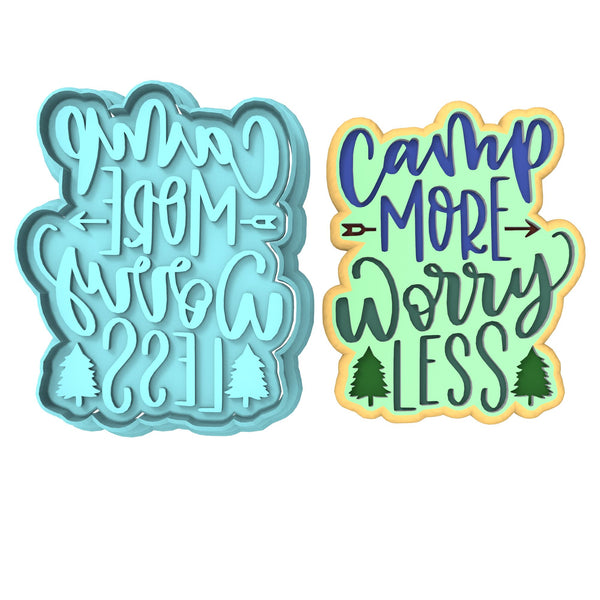 Camp More Worry Less Cookie Cutter | Stamp | Stencil #1 Boys/ Army / Outdoorsman Cookie Cutter Lady 2 Inch Small Cupcake Cutter + Stamp No