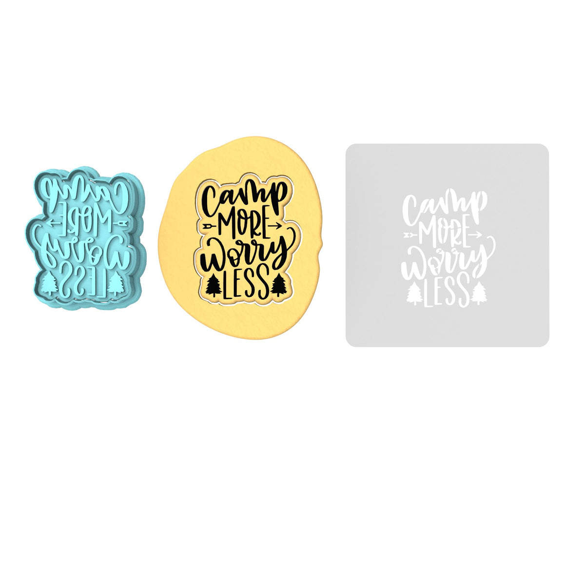 Camp More Worry Less Cookie Cutter | Stamp | Stencil #1 Boys/ Army / Outdoorsman Cookie Cutter Lady 2 Inch Small Cupcake Cutter + Stamp Yes