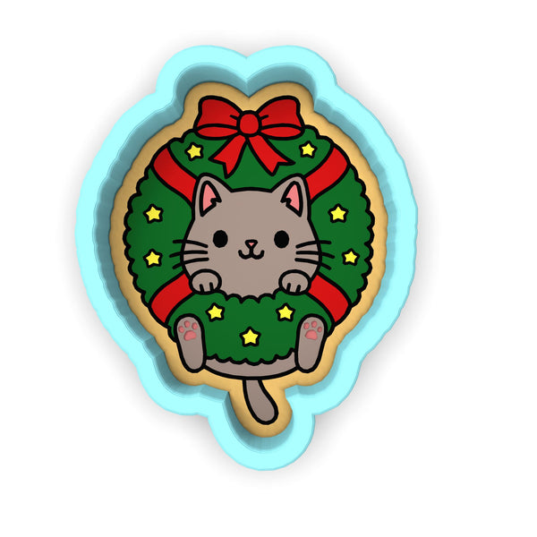 Cat in Christmas Wreath Cookie Cutter | Stamp | Stencil