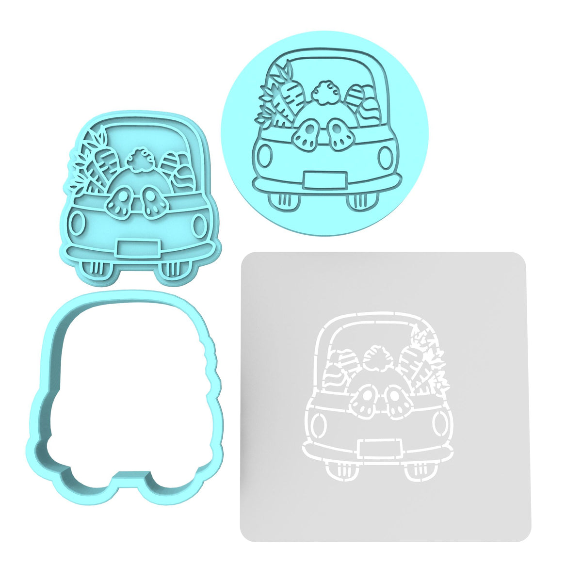Easter Bunny Truck Blank Plate Cookie Cutter | Stamp | Stencil #1 Animals & Dinosaurs Cookie Cutter Lady MINI - 2 Inches (5cm) **FULL SET BUNDLE** Cutter + Stamp + Stencil + Debosser **BEST DEAL** 