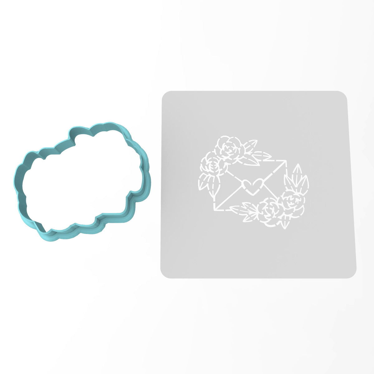 Envelope Flower Heart Cookie Cutter | Stamp | Stencil #1 Wedding / Baby / V Day Cookie Cutter Lady MINI - 2 Inches (5cm) **BUNDLE** Cutter + Stencil 
