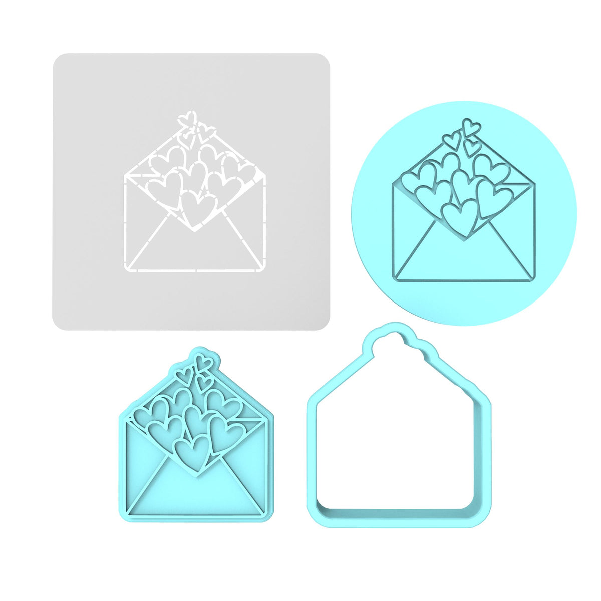 Envelope Hearts Cookie Cutter | Stamp | Stencil #1 Wedding / Baby / V Day Cookie Cutter Lady MINI - 2 Inches (5cm) **FULL SET BUNDLE** Cutter + Stamp + Stencil + Debosser **BEST DEAL** 