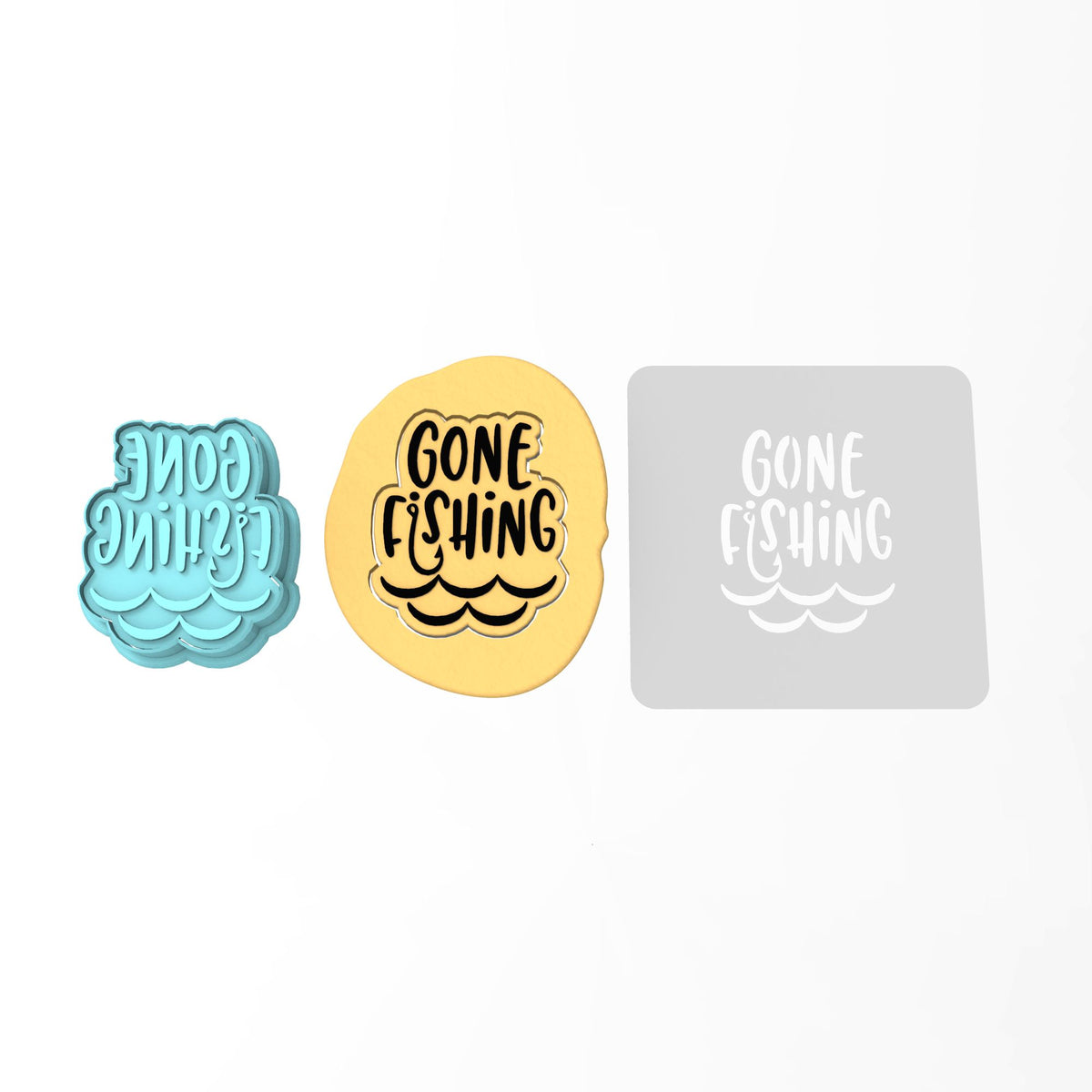 Gone Fishing Cookie Cutter | Stamp | Stencil #1 Boys/ Army / Outdoorsman Cookie Cutter Lady 3 Inch Cupcake/Small Cookie Cutter + Stamp Yes