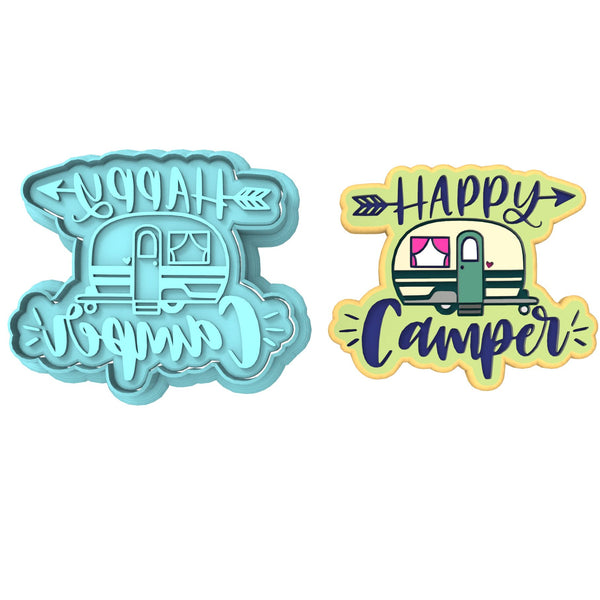 Happy Camper Cookie Cutter | Stamp | Stencil #2 Boys/ Army / Outdoorsman Cookie Cutter Lady 2 Inch Small Cupcake Cutter + Stamp No