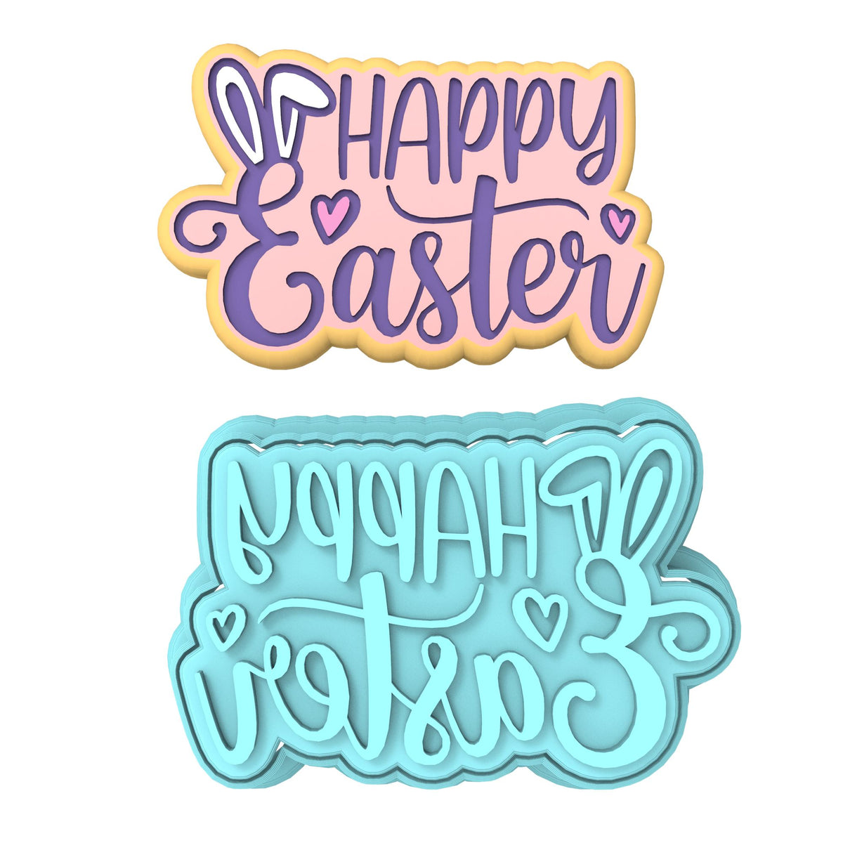 Happy Easter Bunny Ears Hearts Cookie Cutter | Stamp | Stencil Animals & Dinosaurs Cookie Cutter Lady MINI - 2 Inches (5cm) **BUNDLE** Cutter + Stamp 