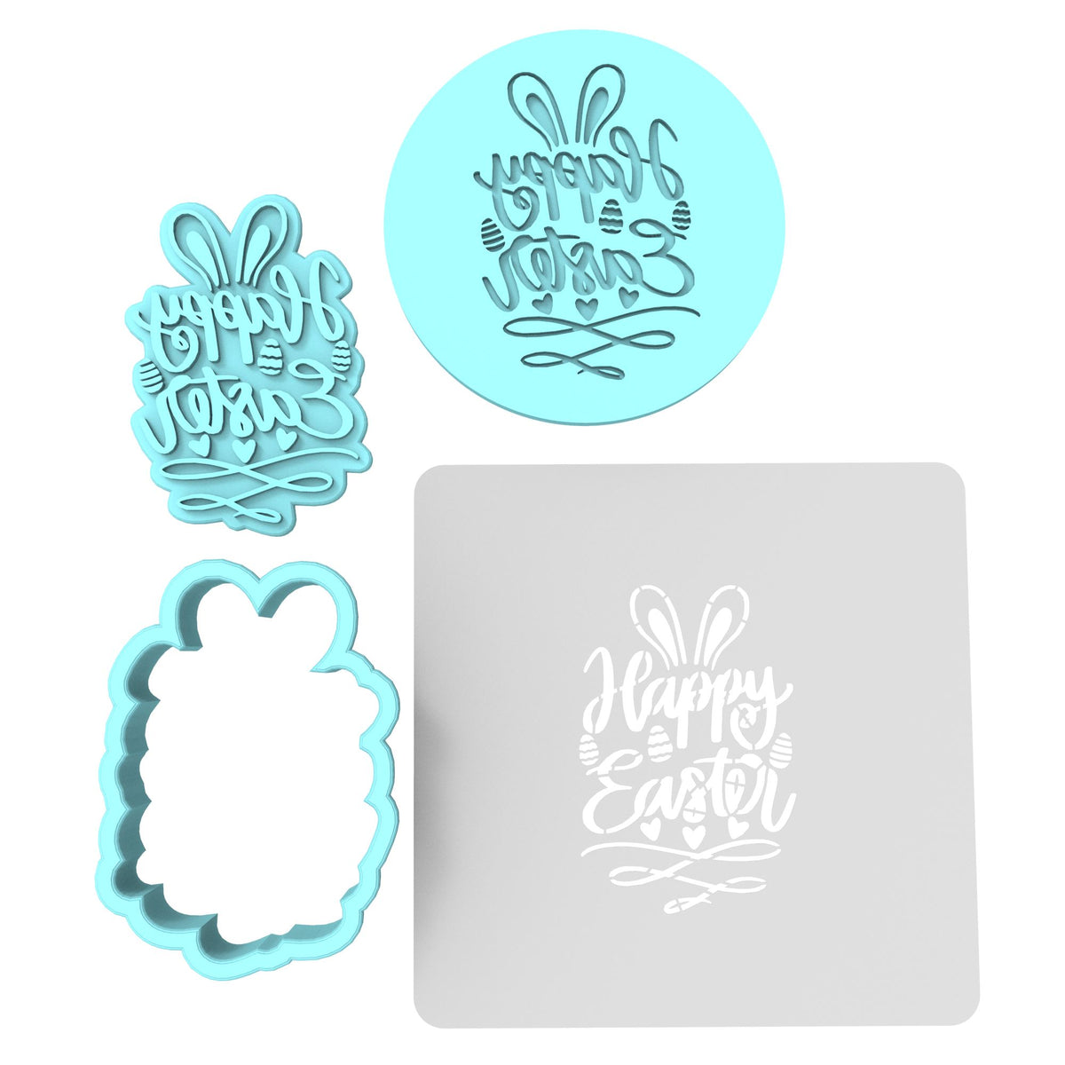 Happy Easter Bunny Ears Hearts Cookie Cutter | Stamp | Stencil Animals & Dinosaurs Cookie Cutter Lady MINI - 2 Inches (5cm) **FULL SET BUNDLE** Cutter + Stamp + Stencil + Debosser **BEST DEAL** 