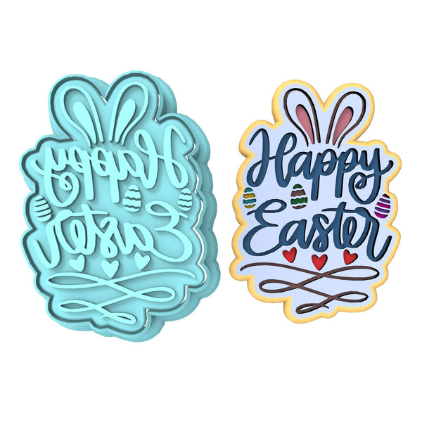 Happy Easter Bunny Ears Hearts Cookie Cutter | Stamp | Stencil Animals & Dinosaurs Cookie Cutter Lady MINI - 2 Inches (5cm) **BUNDLE** Cutter + Stamp 