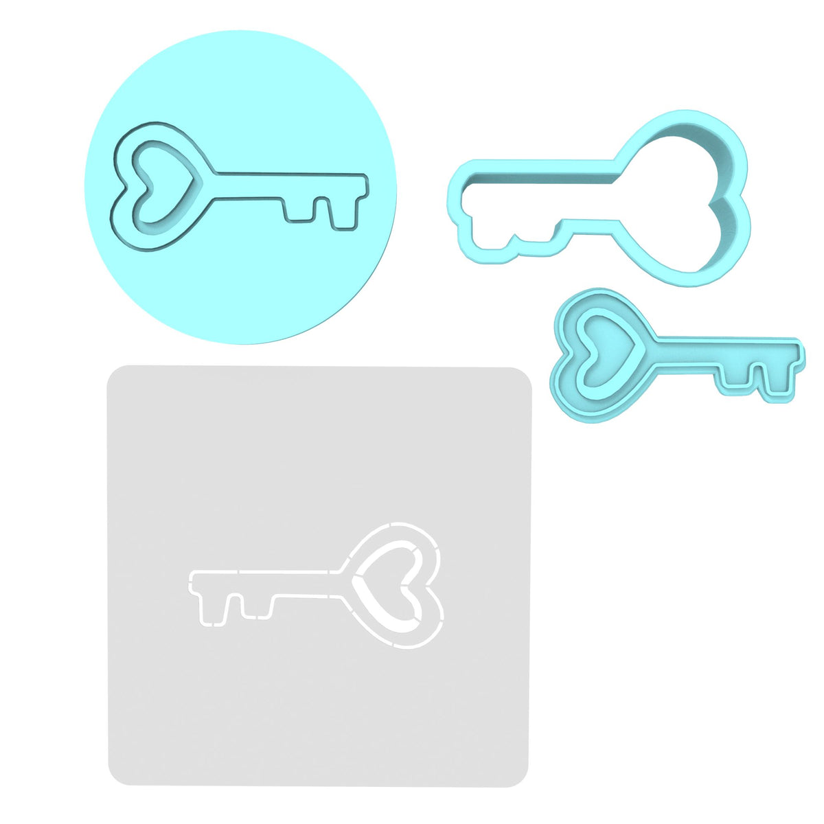 Heart Key Cookie Cutter | Stamp | Stencil Wedding / Baby / V Day Cookie Cutter Lady MINI - 2 Inches (5cm) **FULL SET BUNDLE** Cutter + Stamp + Stencil + Debosser **BEST DEAL** 