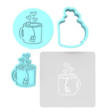 Heart Mug Cookie Cutter | Stamp | Stencil Wedding / Baby / V Day Cookie Cutter Lady MINI - 2 Inches (5cm) **FULL SET BUNDLE** Cutter + Stamp + Stencil + Debosser **BEST DEAL** 