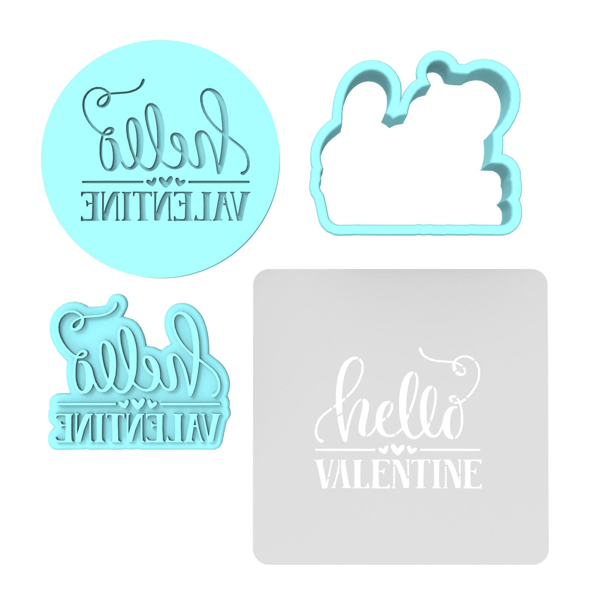 Hello Valentine Cookie Cutter | Stamp | Stencil #1 Wedding / Baby / V Day Cookie Cutter Lady MINI - 2 Inches (5cm) **FULL SET BUNDLE** Cutter + Stamp + Stencil + Debosser **BEST DEAL** 