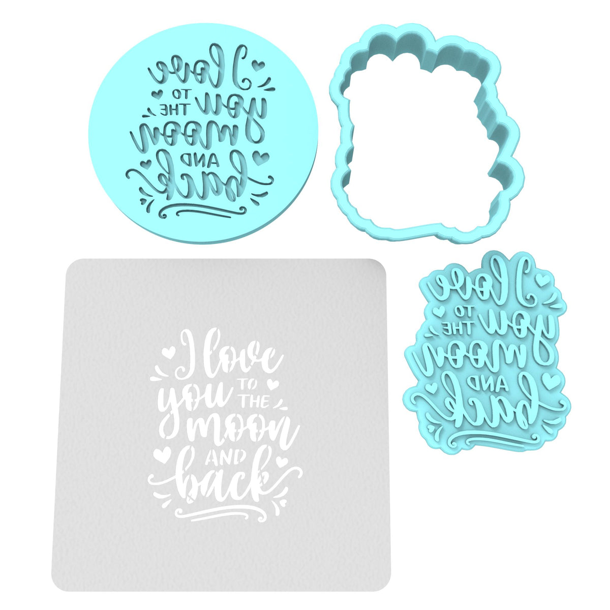 I Love You to the Moon and Back Cookie Cutter | Stamp | Stencil #1 Wedding / Baby / V Day Cookie Cutter Lady MINI - 2 Inches (5cm) **FULL SET BUNDLE** Cutter + Stamp + Stencil + Debosser **BEST DEAL** 