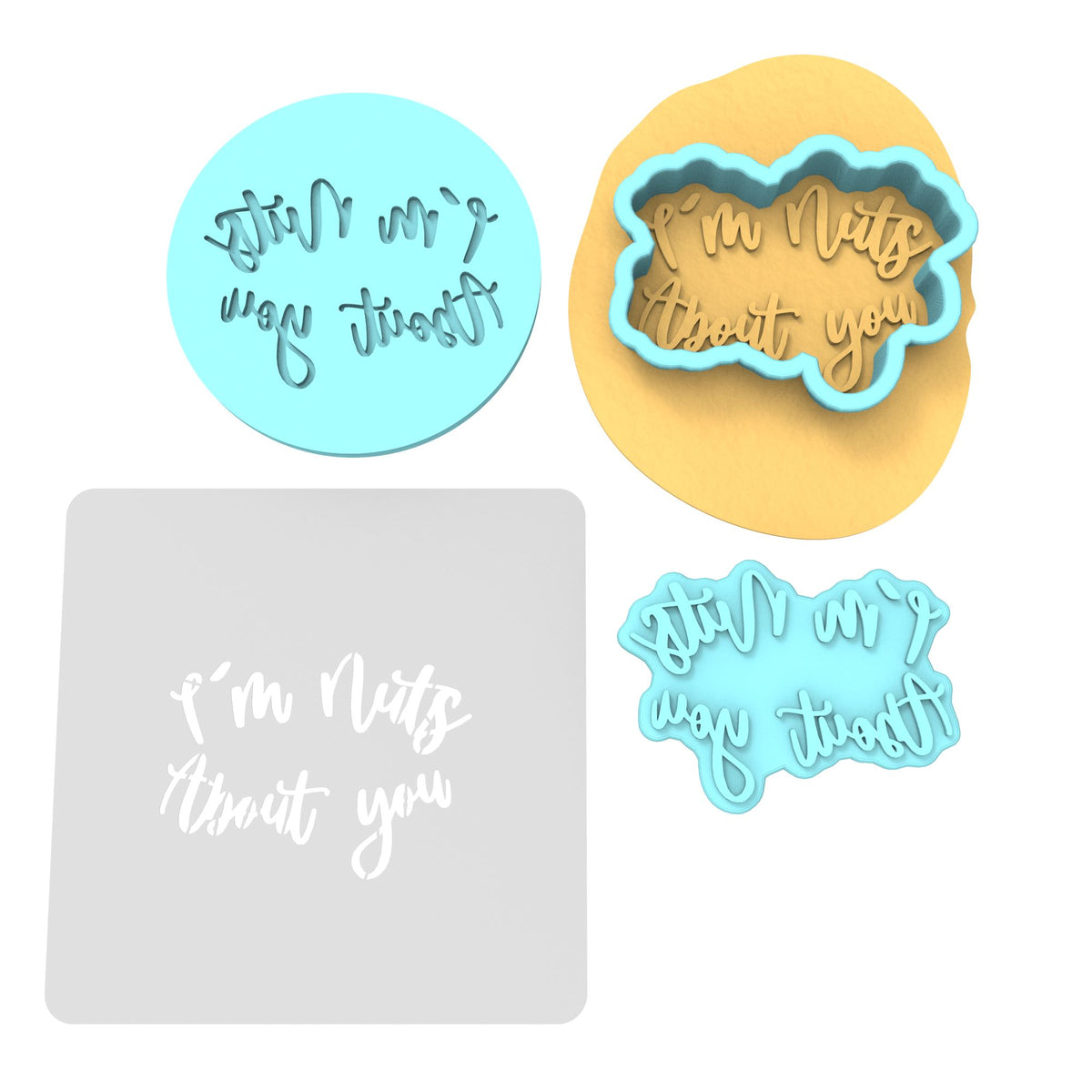 I'm Nuts About You Text Cookie Cutter | Stamp | Stencil #1 Bachelorette & Bachelor Cookie Cutter Lady MINI - 2 Inches (5cm) **FULL SET BUNDLE** Cutter + Stamp + Stencil + Debosser **BEST DEAL** 