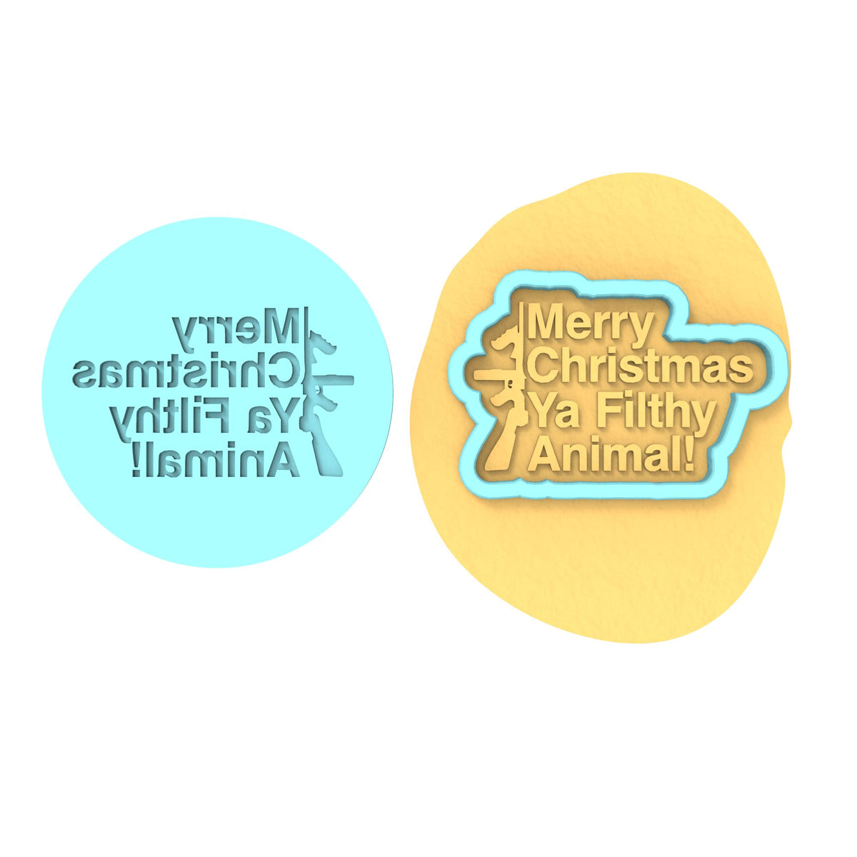 Merry Christmas Ya Filthy Animal Gun Cookie Cutter | Stamp | Stencil Xmas / Winter / NYE Cookie Cutter Lady TEENY - 1 Inch (2.5cm) **BUNDLE** Cutter + Debosser 